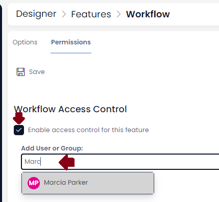 The enable access control button and adding users via search